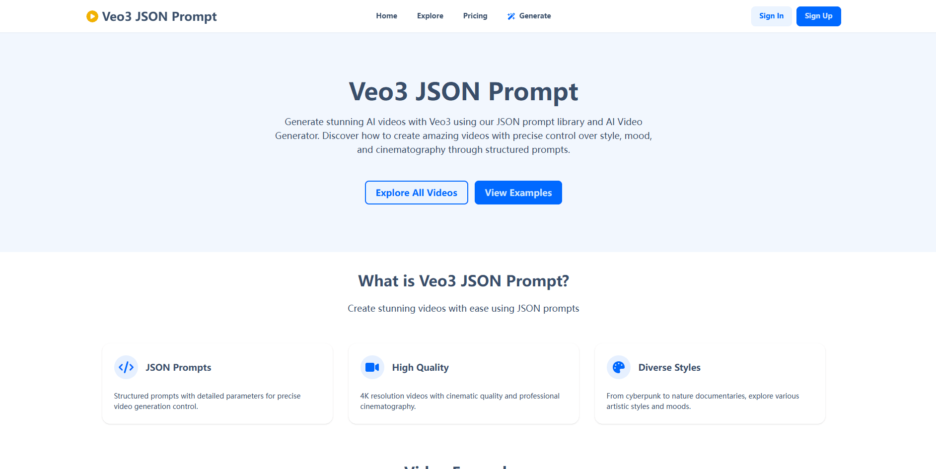 Veo3 JSON Prompt - AI Tool Screenshot and Interface Preview